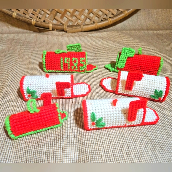 VTG 80’s Cross-stitch yarn Handmade lot Holiday Mailbox Christmas Tree Ornaments - Picture 1 of 10